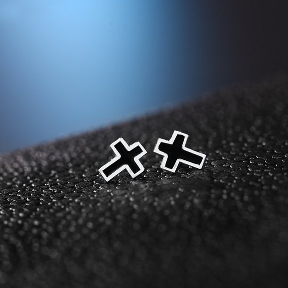 Black Cross Stud Earrings - Picture 2 of 10